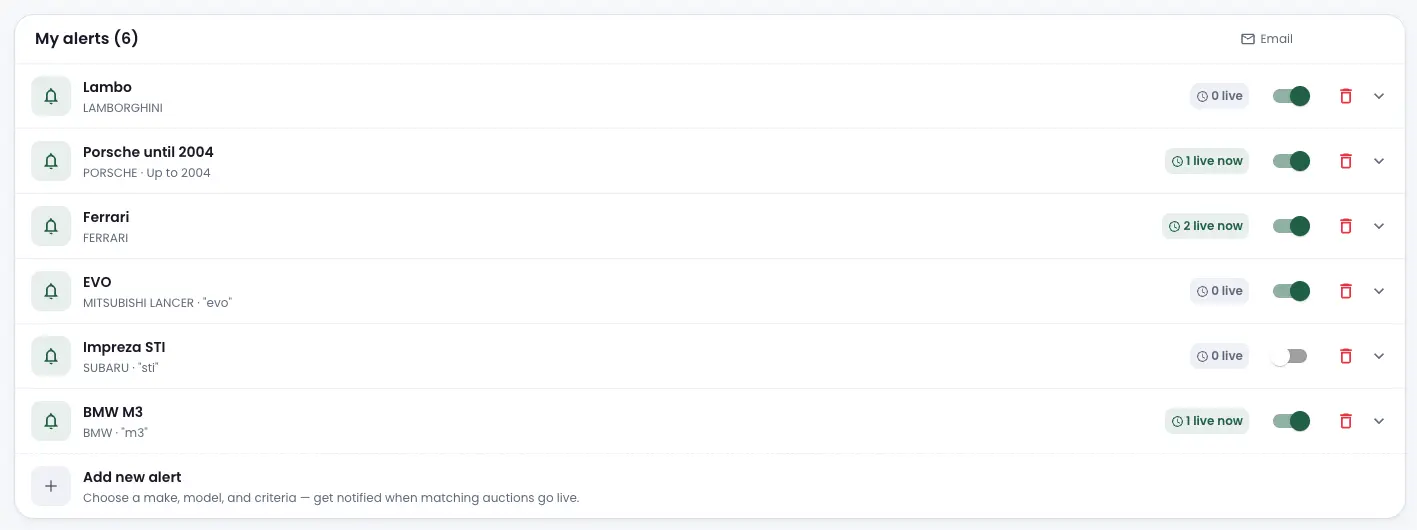 My alerts view with saved searches and live match counts