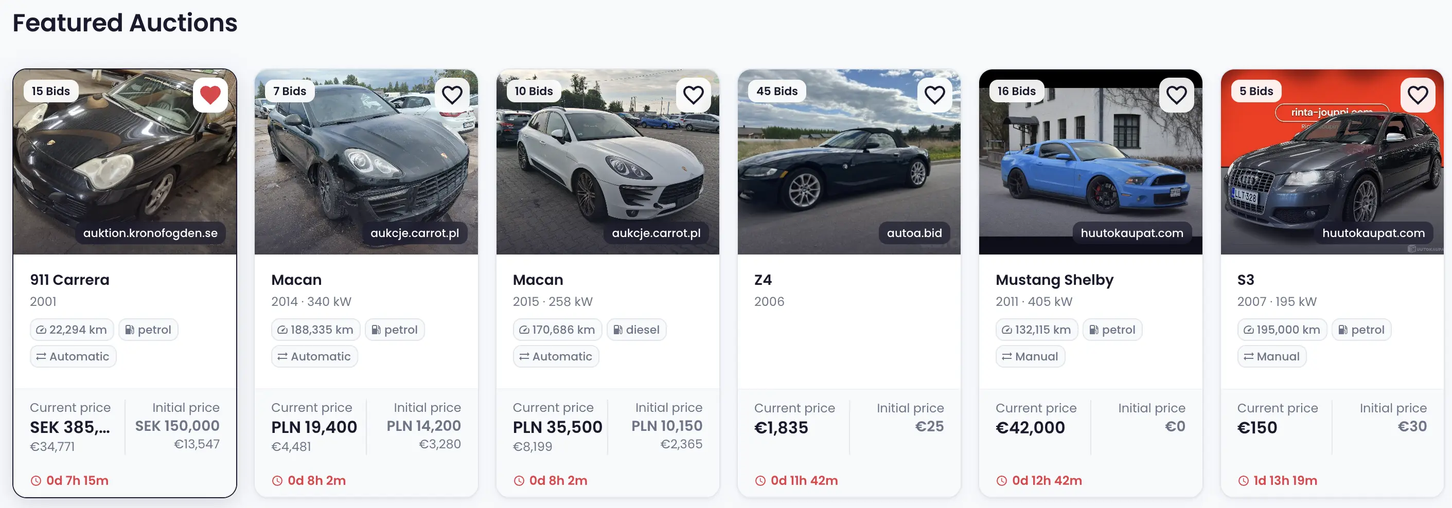 Featured auctions with the heart icon used to follow a listing