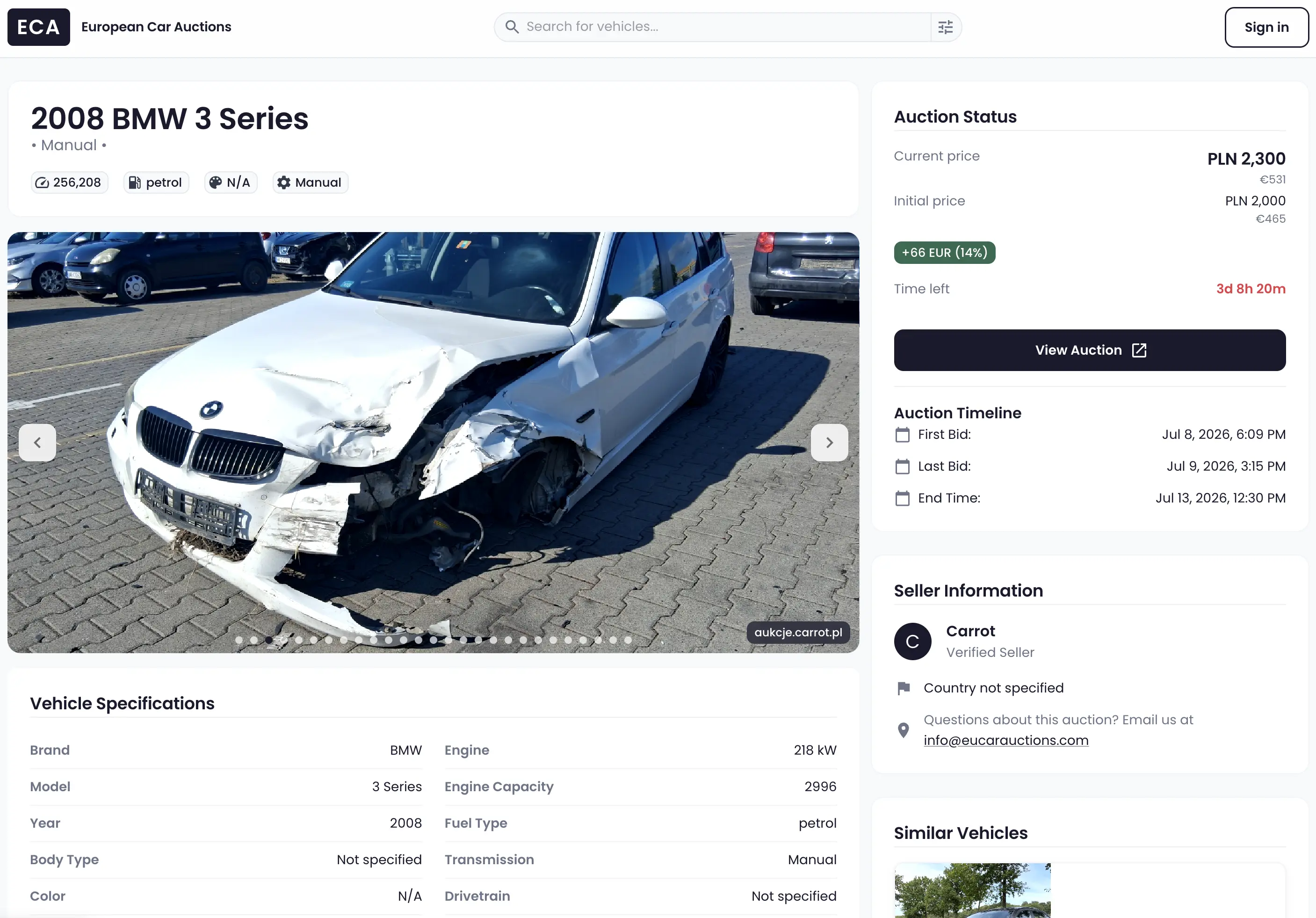 Auction details page with the View Auction button that links to the source auction site