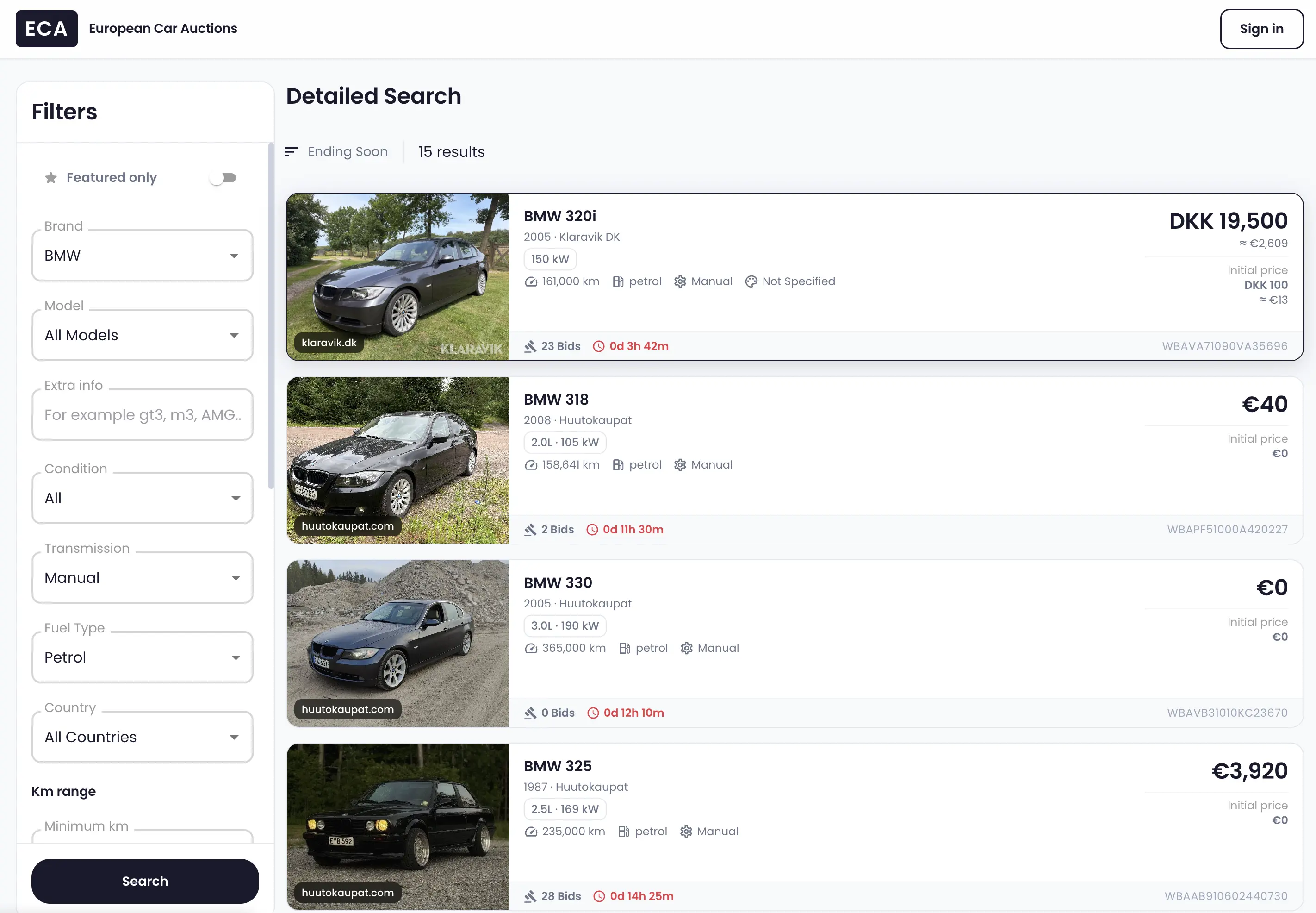 EU Car Auctions detailed search showing live BMW listings and filters